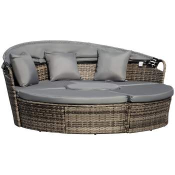 Outsunny Round Daybed, 4 pieces Cushioned Outdoor Rattan Wicker Sunbed or Conversational Sofa Set with Sun Canopy, Gray