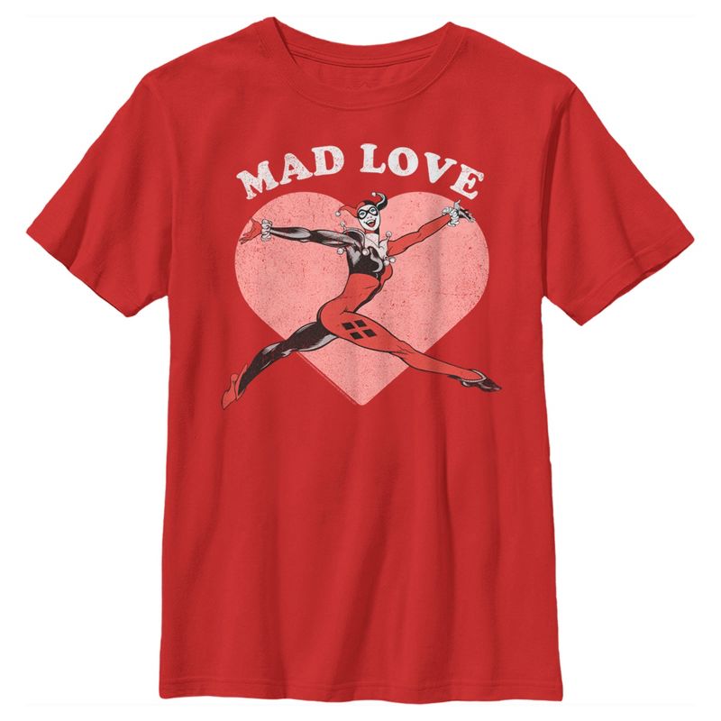 Boy's Batman Valentine's Day Harley Quinn Mad Love T-Shirt, 1 of 5