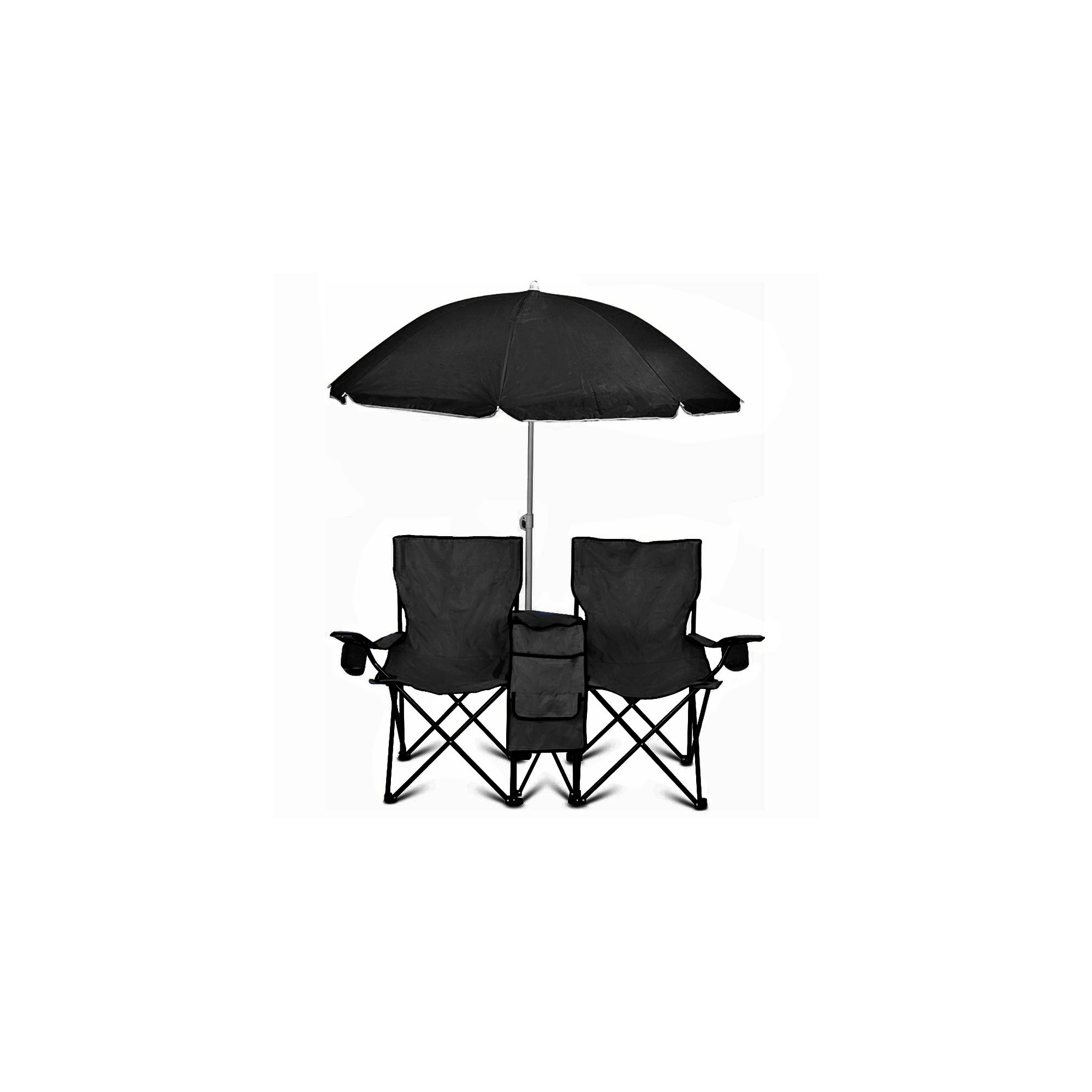 GoTeam Portable Double Folding Chair w/Removable Umbrella, Cooler Bag and Carry Case - Black