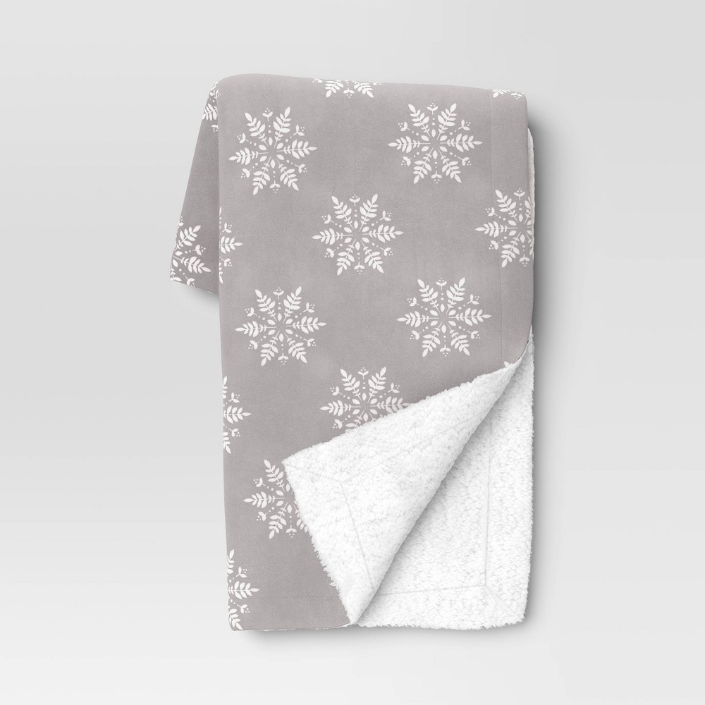 Snowflake Printed Plush Christmas Throw Blanket with Faux Shearling Reverse Gray - Threshold
