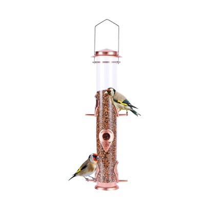 Snynuxx Metal Bird Feeder Tube Hanging Wild Bird Seed Feeder, Steel Hanger Weatherproof Great for Attracting Birds (Rose Gold)
