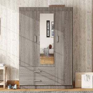 Vynxaria 3-Door Mirror Wardrobe with Shelves in Gray - Stylish and Practical Storage for Contemporary Bedrooms - 1 of 4