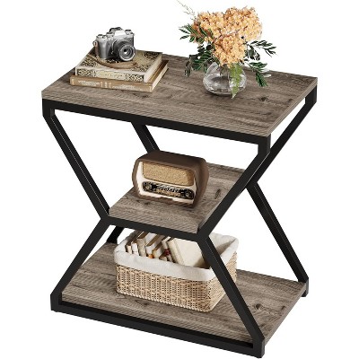 3-Tier End Side Table, Small Industrial Side Table with Storage Shelves for Living Room, Wood Accent Bedside Nightstand with Metal Frame