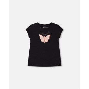 Deux par Deux Girl Organic Cotton Top with Applique Black and Pink Butterfly - 1 of 4