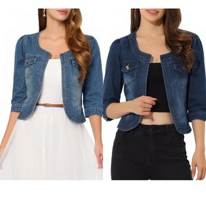 INSPIRE CHIC Women's Collarless Pockets 3/4 Sleeve Crop Denim Jackets 2 Pieces - 1 of 4