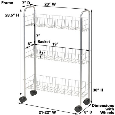 Household Essentials Slim Storage Cart, 3 Shelf Storage Cart with Wheels, Silver