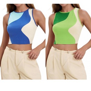 INSPIRE CHIC Women's Color Block Summer Crew Neck Ribbed Sleeveless Crop Going Out Tank Tops 2 Packs - 1 of 4