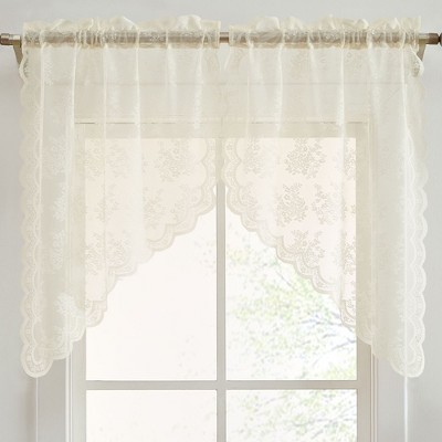 HLC.ME Jolene Floral Rod Pocket Lace Short Cafe Swags for Small Windows, Kitchens, and Basement Windows - Set of 2