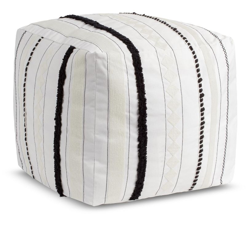 Sweet Jojo Designs Neutral Unisex Fabric Ottoman Pouf Cover Unstuffed Boho Geometric Striped Lines Black and White - Insert Not Included, 1 of 6