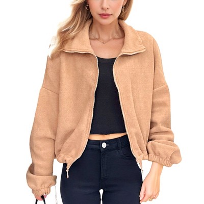 Amaryllis Women's Zip-Up Fleece Jacket with High Collar Cozy Long Sleeves Elastic Hem Oversized Fit Warm Outerwear