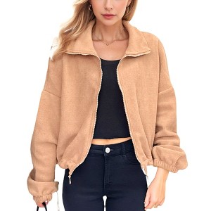 Amaryllis Women's Zip-Up Fleece Jacket with High Collar Cozy Long Sleeves Elastic Hem Oversized Fit Warm Outerwear - 1 of 4