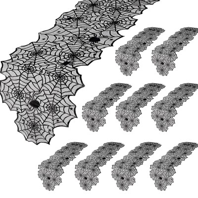 Wikineon Halloween Table Runners Lace 10 Packs Black Spider Web Linens Polyester Creepy Table Cloth for Halloween Party Dinner Gathering Decoration