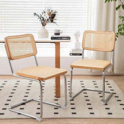 Angel Sar Rattan Dining Chairs Set of 2, Armless Green Kitchen Dining Chair with Velvet Cushion, Handwoven Rattan Back & Sturdy Metal Frame, Wood
