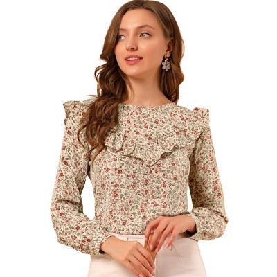 INSPIRE CHIC Women's Floral Printed Top Long Sleeve Round Neck Ruffle Collar Blouse