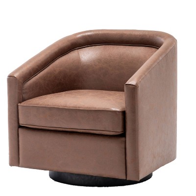 Walnut Faux Leather Swivel Barrel Chair with Metal Base