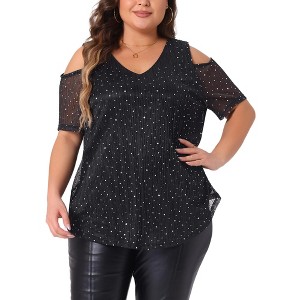 Agnes Orinda Women's Plus Size Sparkle Sequin Glitter Cold Shoulder Party Dressy Blouses - 1 of 4