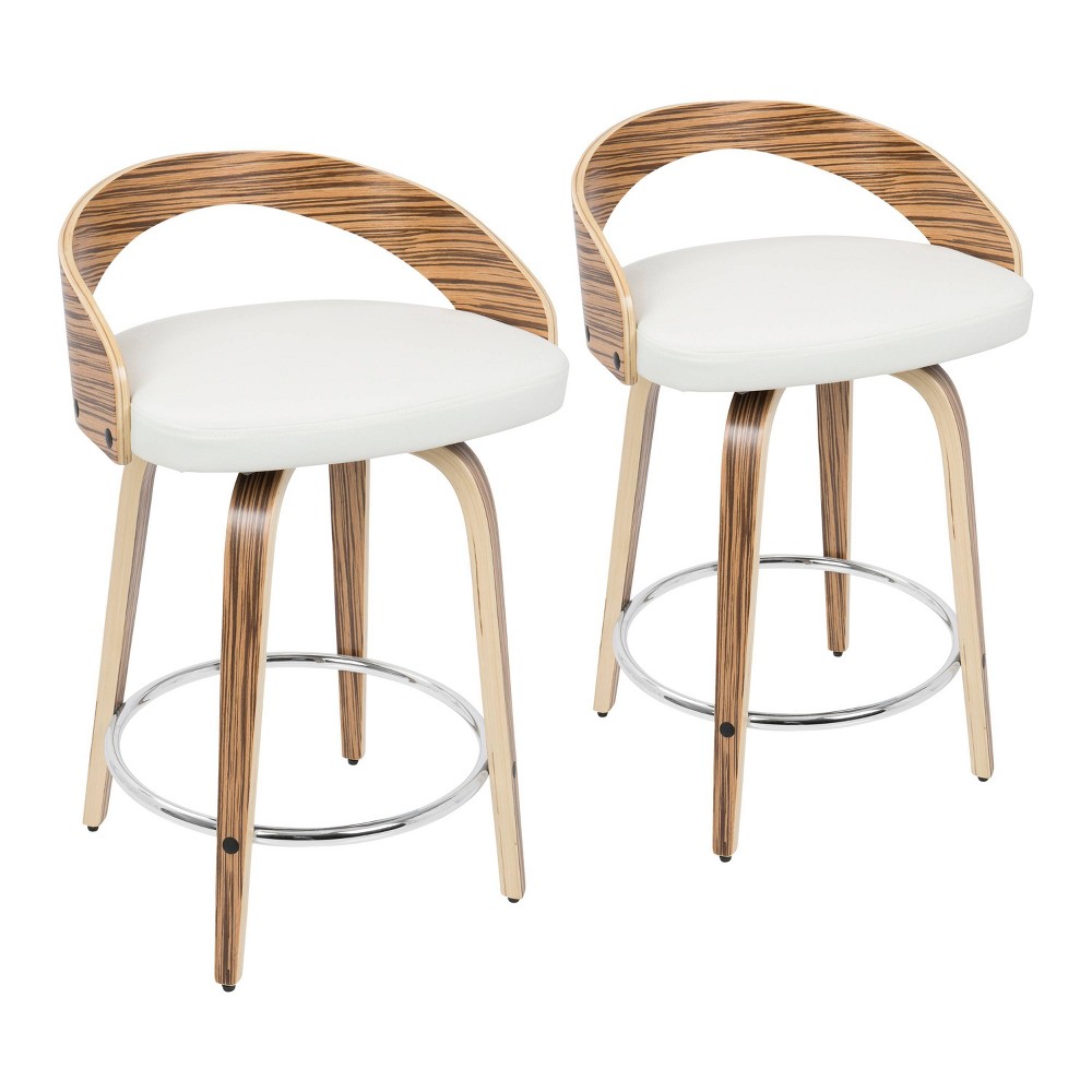 Photos - Chair Set of 2 Grotto Upholstered Counter Height Barstools White/Zebra - LumiSource: Chrome Footrest, Wood Legs