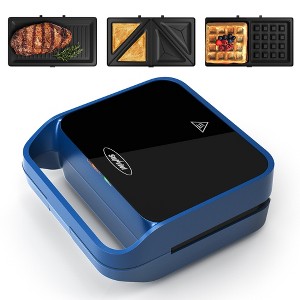 Heynemo 3 in 1 Sandwich Maker, Electric Waffle Maker with Removable Non-stick Plates, 850W Panini Press Grill with Glass Top, Cool Touch Handle, Blue - 1 of 4
