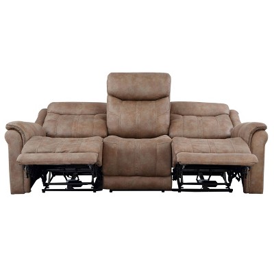 Camel Faux-Suede Power Reclining Sofa with Nailhead Trim