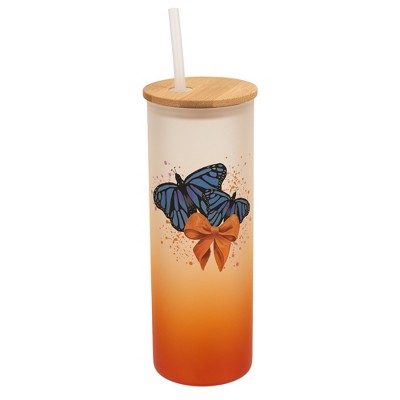 Elanze Designs 25 Ounce Frosted Glass Gradient Travel Tumbler With Straw and Wooden Lid, Blue Monarch Butterflies Orange