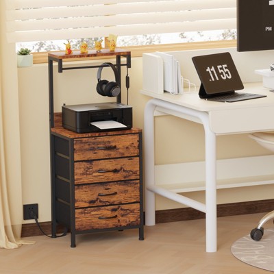 Furnulem Nightstand with Charging Station, 38'' Tall Dresser with 4 Fabric Drawers and LED Light, Bedside Table with Storage Shelf for Bedroom, Office