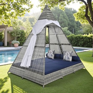 90.5" Outdoor Patio Wicker Triangle Tent Daybed Sunbed with Colorful Pillows and Curtain - 1 of 4