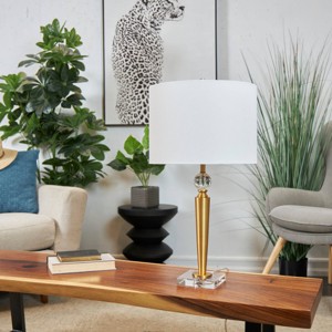 27"x14" Metal Inverted Cone Shaped Accent Lamp with Glass Ball Accent and Square Base Gold - Olivia & May: Linen Shade - 1 of 4