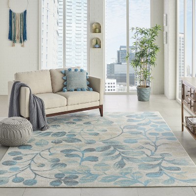 Elysian Fields Ivory & Turquoise Floral Synthetic Area Rug, 8'10" x 11'10"
