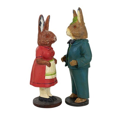 Vintage-Inspired Resin Rabbit Couple Figurines in Red and Blue
