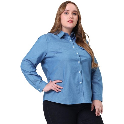 Unique Bargains Women's Plus Size Chest Pocket Long Sleeve Denim Chambray  Shirt 1X Blue