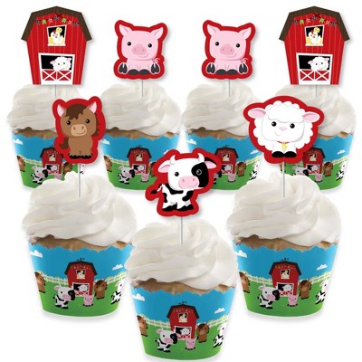 Big Dot of Happiness Farm Animals - Cupcake Decoration - Barnyard Baby Shower or Birthday Party Cupcake Wrappers and Treat Picks Kit - Set of 24