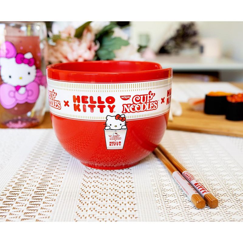 Silver Buffalo Sanrio Hello Kitty x Nissin Cup Noodles Red Ceramic Ramen Bowl and Chopstick Set, 3 of 7
