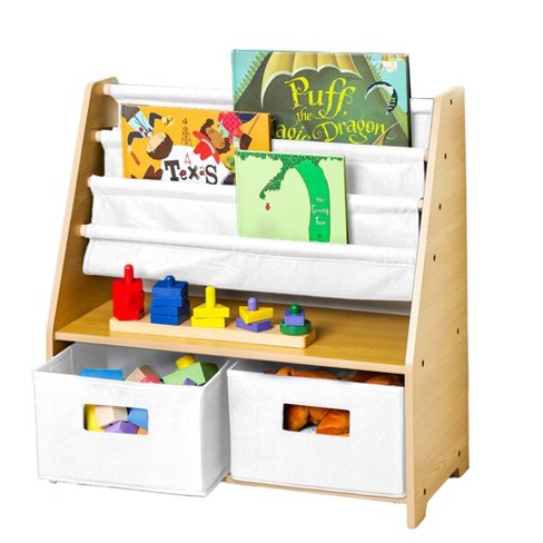 Sling bookshelf with on sale storage bins