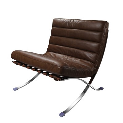 HomeRoots 29" Brown and Silver Tufted Leather and Upholstered Folding Lounge Chair
