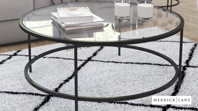 38" Round Glass Coffee Table with Matte Black Metal Base