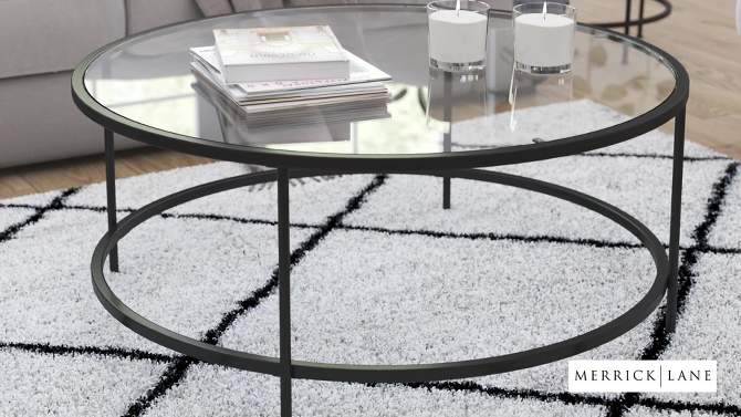 Merrick Lane Newbury Glass Coffee Table with Round Matte Gold Frame and Vertical Legs, 2 of 14, play video