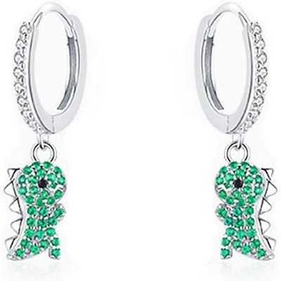 Dinosaur Dangle Hoop Earrings in S925 Sterling Silver with Green CZ