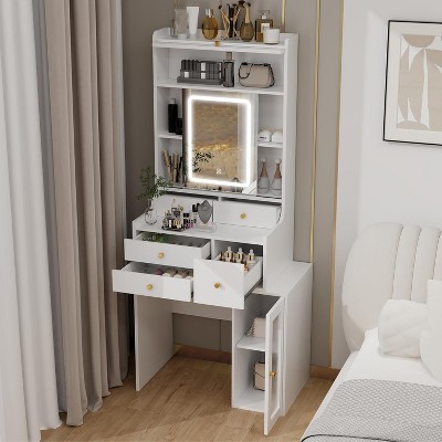 Elecwish Small Vanity Desk with Sliding Mirror and Lights White Makeup Vanities Set with Drawers Compact Dressing Table with Cabinet and Adjustable