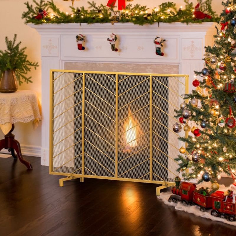 Costway 39''x31'' Single Panel Fireplace Screen Spark Guard Fence Chevron Gold Finish, 5 of 11