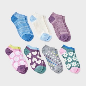 Girls' 7pk Flowers or Hearts Printed No Show Socks - Cat & Jack™ Purple - 1 of 3