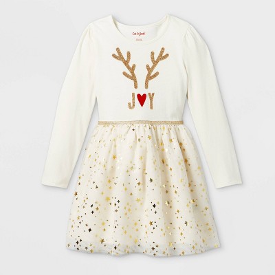 Girls' Christmas Reindeer Long Sleeve Dress - Cat & Jack™ Cream XS