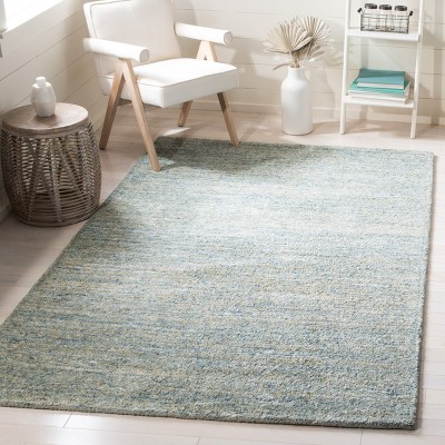 Handmade Tufted Blue and Olive Wool Square Rug