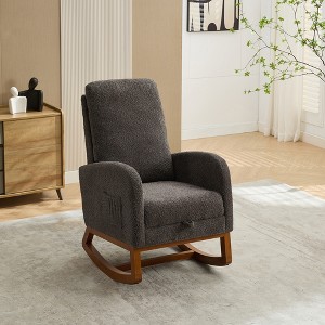 Gulches Charcoal Boucle Retractable Footrest Side Pocket Rubber Wood Leg High Back Nursery Rocking Chair Set of 1 - 1 of 4