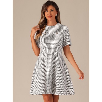 Женские платья INSPIRE CHIC Women's Short Sleeve Plaid Tweed Zipper Button Casual Mini Dress Apricot X-Large — фото 2
