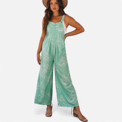 Amaryllis Women's Wide Leg Overalls Printed Adjustable Strap Relaxed Fit Pockets Flowy Jumpsuit