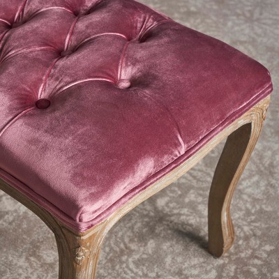 Blush Velvet Tufted Bench with Natural Rubberwood Legs
