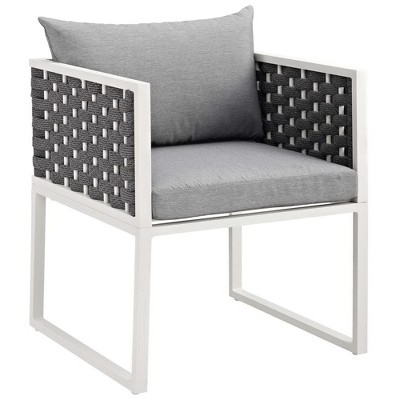 Modway Stance Outdoor Dining Armchair – White Aluminum Frame with Gray Cushions, Stackable Patio Chair for Deck or Garden Dining