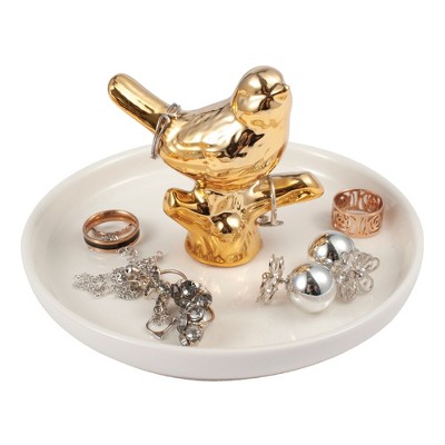 Zodaca Gold Ceramic Ring Holder, Handmade Jewelry Organizer Tray Trinket Dish for Vanity, Bird