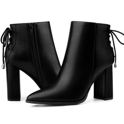 BLISSFUL STEP Women's Pointed Toe Chunky Heel Back Lace Up Ankle Boots