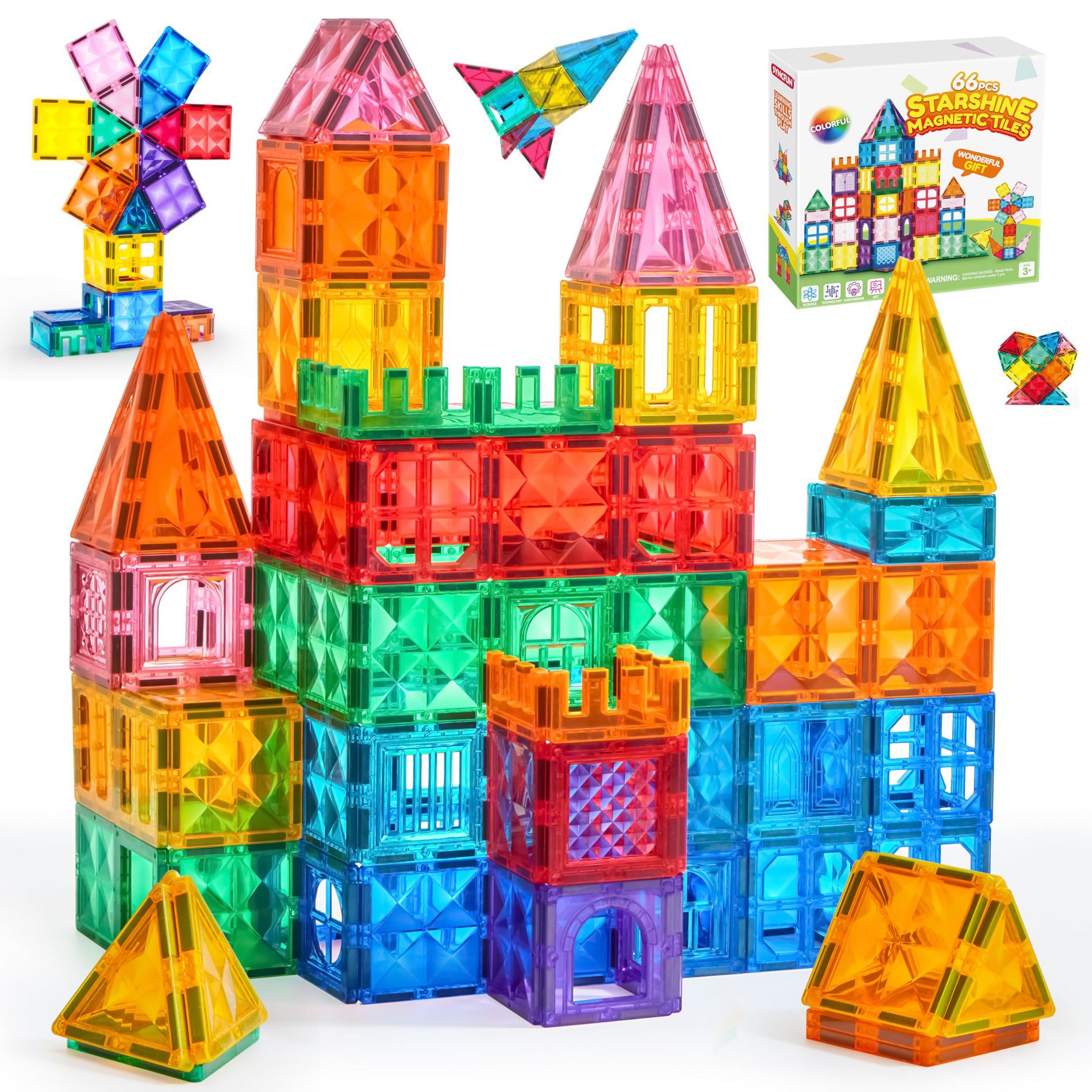 Joyfy 66PCS Magnetic Tiles Building Blocks for Kids Aged 3-8, Construction STEM Toys Birthday Christmas Gift for 3 4 5 6 7 8 Year Old Boys & Girls